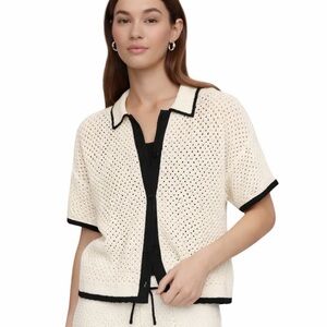 Gap Crochet Cardigan Sweater Size Large Black & Creamy White Old Money Coquette